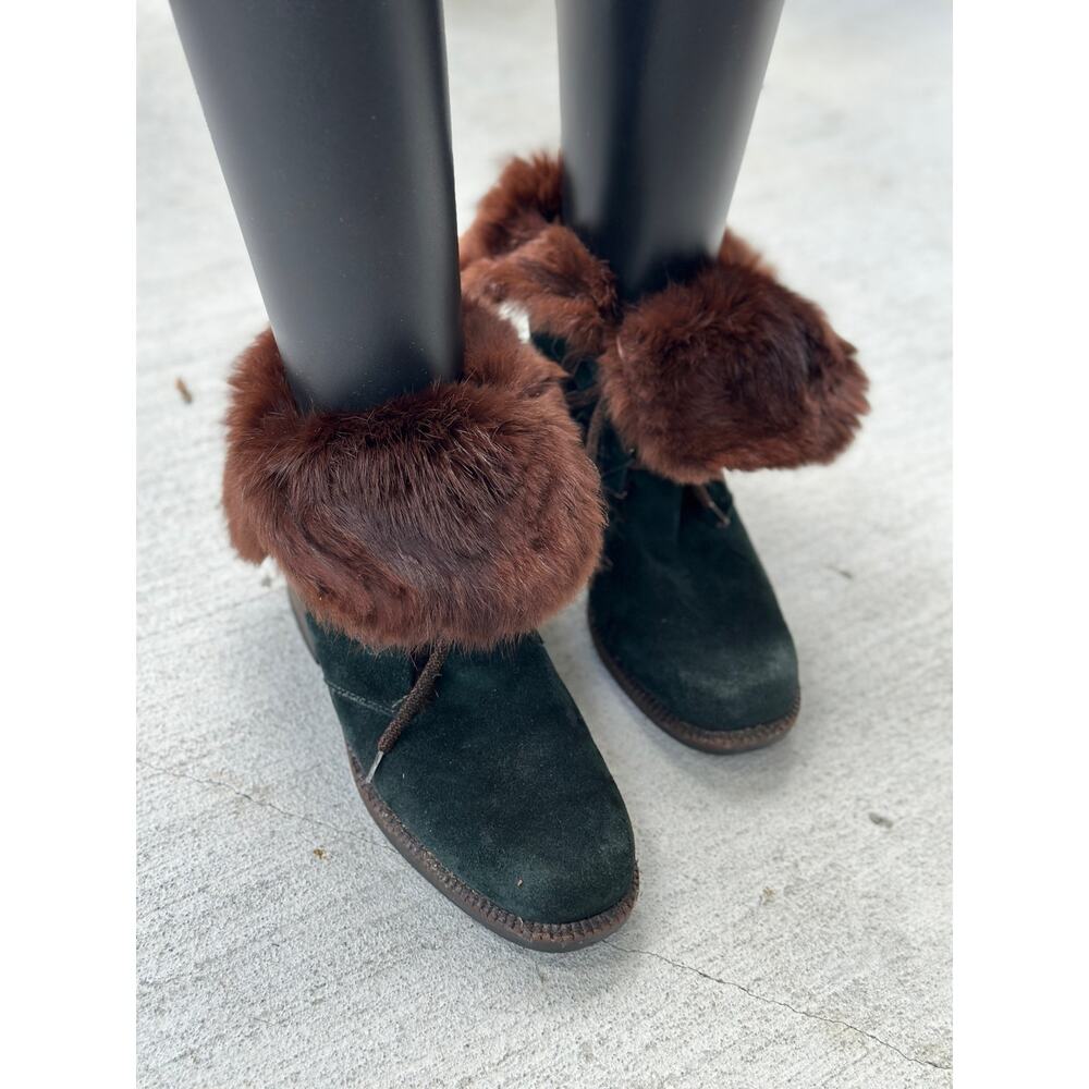 Vicini Italy Women’s EU 37.5 | US 7.5 Green Suede Fur Lined Lace Up Winter Boots - Picture 8 of 13